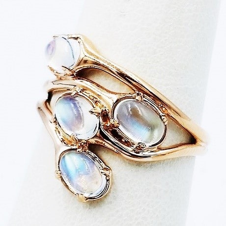 Bague Visage Lune En Or Blanc 10 Carats Avec Pierre De Lune Et Diamants - Taille 7, Occasion Excellent état