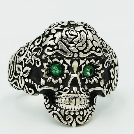 bague tête de mort mexicaine calavera - Avec Émeraudes